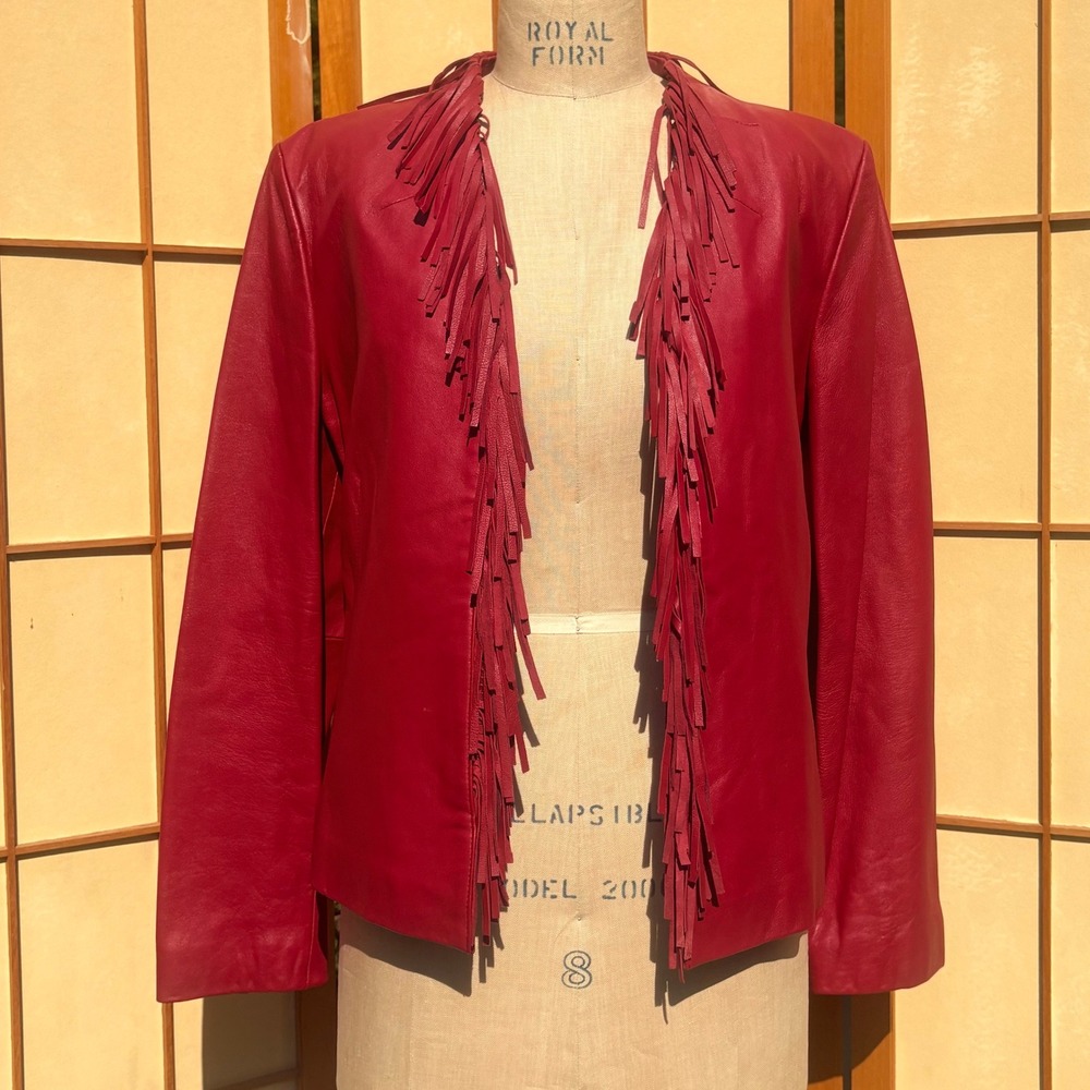 Adler Collection Red Leather Fringe Jacket NZ Lambskin Western Open Front L